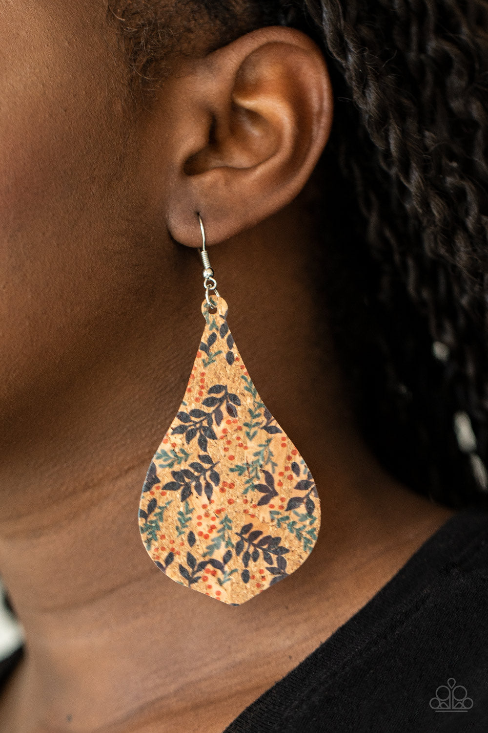 Featuring a colorful leafy pattern, a teardrop cork frame swings from the ear for a trendy vibe. Earring attaches to a standard fishhook fitting.  Sold as one pair of earrings.