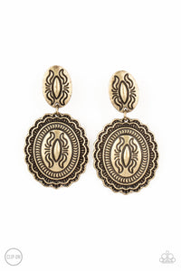 Stamped in decorative linear patterns, a ruffled brass frame dangles from the bottom of a matching oval frame, creating a one-of-a-kind lure. Earring attaches to a standard clip-on fitting.  Sold as one pair of clip-on earrings.