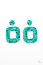 Load image into Gallery viewer, Refreshing rows of dainty turquoise seed beads adorn the front of a rounded square frame at the bottom of a matching beaded fitting, creating a blissfully beaded look. Earring attaches to a standard post fitting.  Sold as one pair of post earrings.

