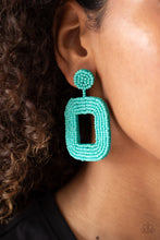 Load image into Gallery viewer, Refreshing rows of dainty turquoise seed beads adorn the front of a rounded square frame at the bottom of a matching beaded fitting, creating a blissfully beaded look. Earring attaches to a standard post fitting.  Sold as one pair of post earrings.
