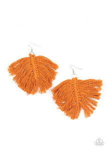 Rustic brown threaded tassels knot into a leaf-shaped frame, creating a colorful macramé inspired fringe. Earring attaches to a standard fishhook fitting.  Sold as one pair of earrings.