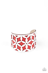A thick piece of Samba leather peeks out through a daisy stenciled silver cuff, creating a colorful centerpiece around the wrist.  Sold as one individual bracelet.