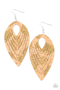 Spotted in rustic Military Olive accents, a flat cork teardrop is spliced into a rippling frame for an earthy fashion. Earring attaches to a standard fishhook fitting.  Sold as one pair of earrings.