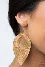 Load image into Gallery viewer, Spotted in rustic Military Olive accents, a flat cork teardrop is spliced into a rippling frame for an earthy fashion. Earring attaches to a standard fishhook fitting.  Sold as one pair of earrings.

