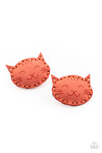 Load image into Gallery viewer, Pieces of coral suede are delicately cut and stitched into a puffy pair of cats. Features standard hair clips on the back.  Sold as one pair of hair clips.
