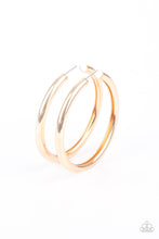 Load image into Gallery viewer, A thick gold bar delicately curls into a glistening oversized hoop for a retro look. Earring attaches to a standard post fitting. Hoop measures approximately 2 1/4&quot; in diameter.  Sold as one pair of hoop earrings.
