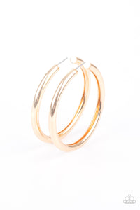 A thick gold bar delicately curls into a glistening oversized hoop for a retro look. Earring attaches to a standard post fitting. Hoop measures approximately 2 1/4" in diameter.  Sold as one pair of hoop earrings.