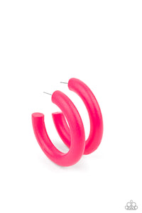 Painted in a flamboyant Pink Peacock finish, a thick wood hoop curls around the ear for a flirtatiously colorful look. Earring attaches to a standard post fitting. Hoop measures approximately 2" in diameter.  Sold as one pair of hoop earrings.