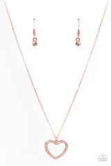 Encrusted in sparkly white rhinestones, an airy copper heart frame swings from a dainty copper chain below the collar for a romantic look. Features an adjustable clasp closure. Sold as one individual necklace. Includes one pair of matching earrings.