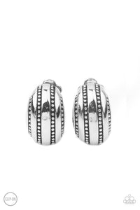 Studded in rows of linear texture, a rounded silver frame adorns the ear for a rustic look. Earring attaches to a standard clip-on fitting.  Sold as one pair of clip-on earrings.