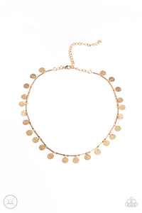 Hammered gold discs swing from interconnected gold bars around the neck, creating a shimmery fringe. Features an adjustable clasp closure.  Sold as one individual choker necklace. Includes one pair of matching earrings.