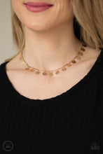 Load image into Gallery viewer, Hammered gold discs swing from interconnected gold bars around the neck, creating a shimmery fringe. Features an adjustable clasp closure.  Sold as one individual choker necklace. Includes one pair of matching earrings.
