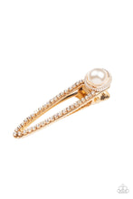 Load image into Gallery viewer, Dotted with a bubbly pearl fitting, a classic gold frame is encrusted in glassy white rhinestones for a glamorous finish. Features a standard hair clip on the back.  Sold as one individual hair clip.
