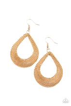 Load image into Gallery viewer, Mesh-like gold chain frames delicately attach into a 3-dimensional teardrop, creating an intense industrial display. Earring attaches to a standard fishhook fitting.  Sold as one pair of earrings.
