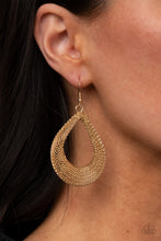 Load image into Gallery viewer, Mesh-like gold chain frames delicately attach into a 3-dimensional teardrop, creating an intense industrial display. Earring attaches to a standard fishhook fitting.  Sold as one pair of earrings.
