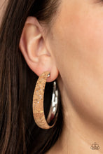 Load image into Gallery viewer, Silvery veins accent the front of a cork lined silver hoop, creating a refined display. Hoop measures approximately 2&quot; in diameter. Earring attaches to a standard post fitting.  Sold as one pair of hoop earrings.
