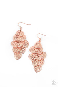 Featuring studded filigree filled centers, shiny copper heart frames cascade from the ear as they link into a flawless overlapping lure. Earring attaches to a standard fishhook fitting.  Sold as one pair of earrings.