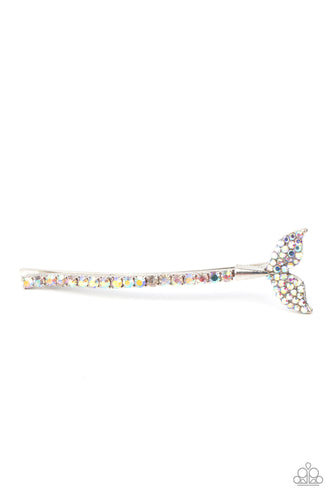 An iridescent rhinestone studded mermaid fin adorns the corner of a bobby pin that is adorned in matching iridescent rhinestones for a fairytale finish.  Sold as one individual decorative bobby pin.