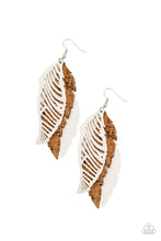 Load image into Gallery viewer, A mismatched collection of cork and white leather feather frames flutter from the ear, layering into a free-spirited lure. Earring attaches to a standard fishhook fitting.  Sold as one pair of earrings.
