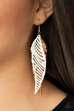 Load image into Gallery viewer, A mismatched collection of cork and white leather feather frames flutter from the ear, layering into a free-spirited lure. Earring attaches to a standard fishhook fitting.  Sold as one pair of earrings.
