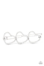 Load image into Gallery viewer, Dainty white pearls adorn a trio of silver heart silhouette frames, creating a romantic display. Features a clamp barrette closure.  Sold as one individual barrette.
