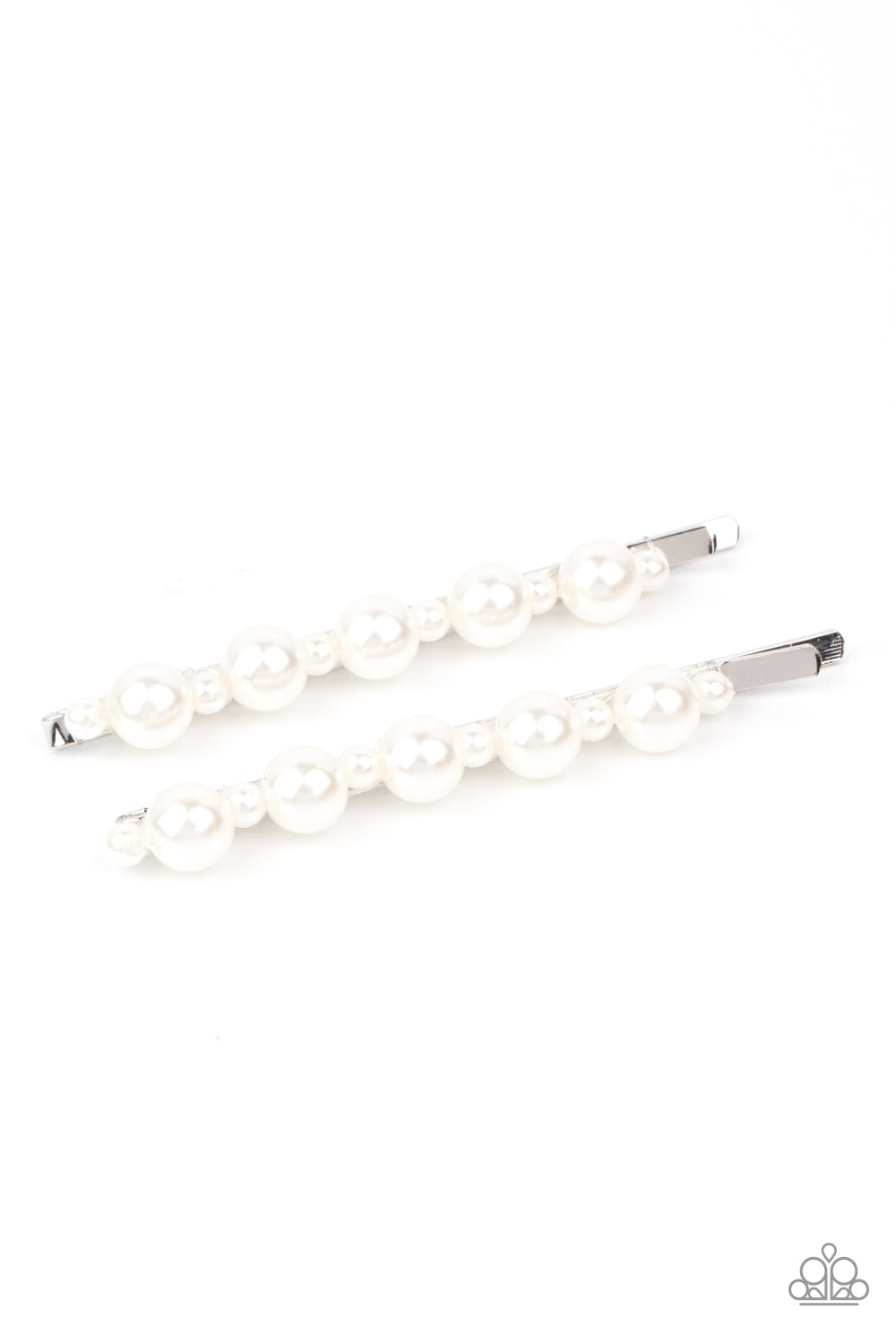 Dainty and classic pearls alternate along a pair of silver bobby pins, creating a bubbly display.  Sold as one pair of decorative bobby pins.