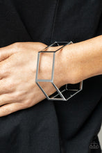 Load image into Gallery viewer, A row of airy silver rectangular frames delicately bend into a hexagonal bangle, creating an edgy centerpiece.  Sold as one individual bracelet.
