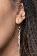 Load image into Gallery viewer, Gold chains hanging from a gold fish hook earring.
