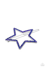 Load image into Gallery viewer, The front of an oversized silver star is encrusted in glittery blue rhinestones, creating an inspiring patriotic shimmer. Features a clamp barrette closure.  Sold as one individual barrette.
