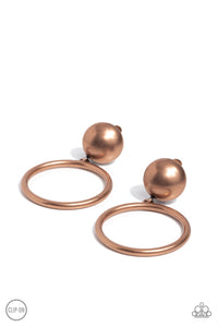 Brushed in an antiqued shimmer, a copper hoop swings from the bottom of an oversized copper stud for a classic metallic look. Earring attaches to a standard clip-on fitting.  Sold as one pair of clip-on earrings.
