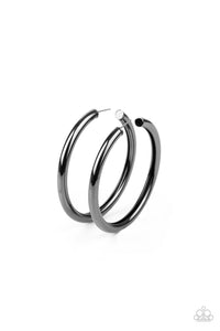 A thick gunmetal bar delicately curls into a glistening oversized hoop for a retro look. Earring attaches to a standard post fitting. Hoop measures approximately 2 1/4" in diameter.  Sold as one pair of hoop earrings.