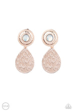 Load image into Gallery viewer, A hammered rose gold teardrop dangles from the bottom of an ornate rose gold disc that is dotted with a dreamy opal beaded center. Earring attaches to a standard clip-on fitting. Sold as one pair of clip-on earrings.
