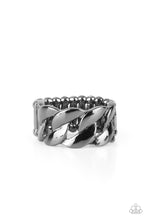 Load image into Gallery viewer, Shiny industrial gunmetal links connect in a row across the finger resulting in a bold modern vibe. Features a stretchy band for a flexible fit.  Sold as one individual ring.

