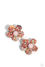 Load image into Gallery viewer, Dotted with pink button top centers, colorful floral fabrics gather into a pair of puffy blossoms. Features standard hair clips on the back.  Sold as one pair of hair clips.
