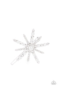 Featuring a dainty pearl drop center, a bubbly collection of dainty pearls and glassy white rhinestones encrust the front of a silver star shaped frame for a stellar finish. Features a clamp barrette closure.  Sold as one individual barrette.