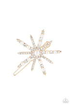 Load image into Gallery viewer, Featuring a dainty pearl drop center, a bubbly collection of dainty pearls and glassy white rhinestones encrust the front of a gold star shaped frame for a stellar finish. Features a clamp barrette closure.  Sold as one individual barrette.
