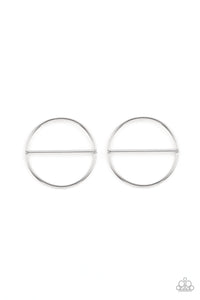 A glistening silver bar runs horizontally across the center of an oversized silver hoop, adding a timeless twist to the classic display. Earring attaches to a standard post fitting.  Sold as one pair of post earrings.