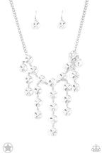 Load image into Gallery viewer, Encased in sleek silver fittings, dramatically oversized white rhinestones delicately link into twinkly tassels that taper off into a jaw-dropping fringe below the collar. Features an adjustable clasp closure.  Sold as one individual necklace. Includes one pair of matching earrings.
