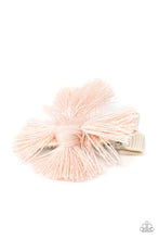 Load image into Gallery viewer, An earthy fringe of pale pink tassels are knotted together to form a boho-chic style over a white ribbon clip. Features a standard hair clip on the back.  Sold as one individual hair clip.
