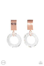 Load image into Gallery viewer, A faceted acrylic ring links to the bottom of a curved shiny copper plate, creating a modern lure. Earring attaches to a standard clip-on fitting.  Sold as one pair of clip-on earrings.
