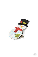 Load image into Gallery viewer, Dusted in glitter, a sparkly snowman adorns the front of a classic silver frame for a frosty finish. Features a standard hair clip on the back.  Sold as one individual hair clip.
