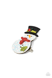 Dusted in glitter, a sparkly snowman adorns the front of a classic silver frame for a frosty finish. Features a standard hair clip on the back.  Sold as one individual hair clip.