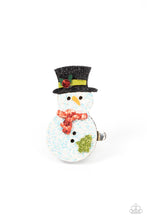 Load image into Gallery viewer, Dusted in glitter, a sparkly snowman adorns the front of a classic silver frame for a frosty finish. Features a standard hair clip on the back.  Sold as one individual hair clip.
