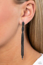 Load image into Gallery viewer, Ropes of gunmetal snake chains gently twist and release into a timeless tassel, resulting in a classic shimmer. Earring attaches to a standard post fitting.  Sold as one pair of post earrings.
