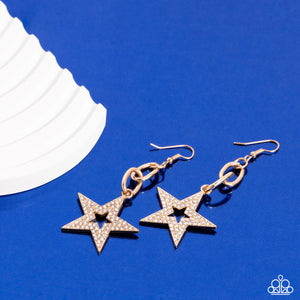 Glassy white rhinestones scatter across the front of a gold star at the bottom of a chunky gold chain, resulting in a stellar lure. Earring attaches to a standard fishhook fitting.  Sold as one pair of earrings.
