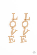 Load image into Gallery viewer, Gold letters with a lightly hammered sheen spell out the word &quot;LOVE&quot; as they vertically cascade down the ear in a flattering finish. Each of the letters are interconnected to one another giving the piece some whimsically playful movement. Earring attaches to a standard post fitting.  Sold as one pair of post earrings.
