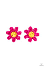 Load image into Gallery viewer, Layers of hot pink seed bead petals fan out from a yellow seed bead center, blooming into a textured floral centerpiece. Earring attaches to a standard post fitting.  Sold as one pair of post earrings.
