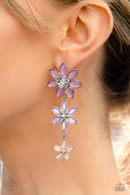 Load image into Gallery viewer, Glassy marquise-cut petals in shades of orchid, lavender, and Peach Pink fan out around silver centers topped with sparkling white gems. The vibrant flowers gradually decrease in size as they fall from the ear, bringing whimsical movement to the colorful cascade. Earring attaches to a standard post fitting.
