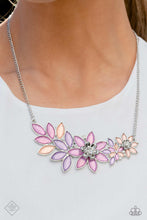 Load image into Gallery viewer, An explosion of glassy, marquise-cut petals, in shades of orchid, Peach Pink, and lavender, fan out below the collar to create a flowery statement piece. A sprinkling of rhinestones emerges between the petals, adding a dewy sparkle to the dreamy design, as larger rhinestones bloom from silver centers on two of the flowers in a whimsical 3D finish. Features an adjustable clasp closure. Includes one pair of matching earrings.
