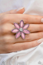 Load image into Gallery viewer, Glassy marquise-cut petals in a dreamy orchid hue, fan out around a sparkling white gem center, creating a vibrant, oversized flower that sits prominently atop the finger. Features a stretchy band for a flexible fit.
